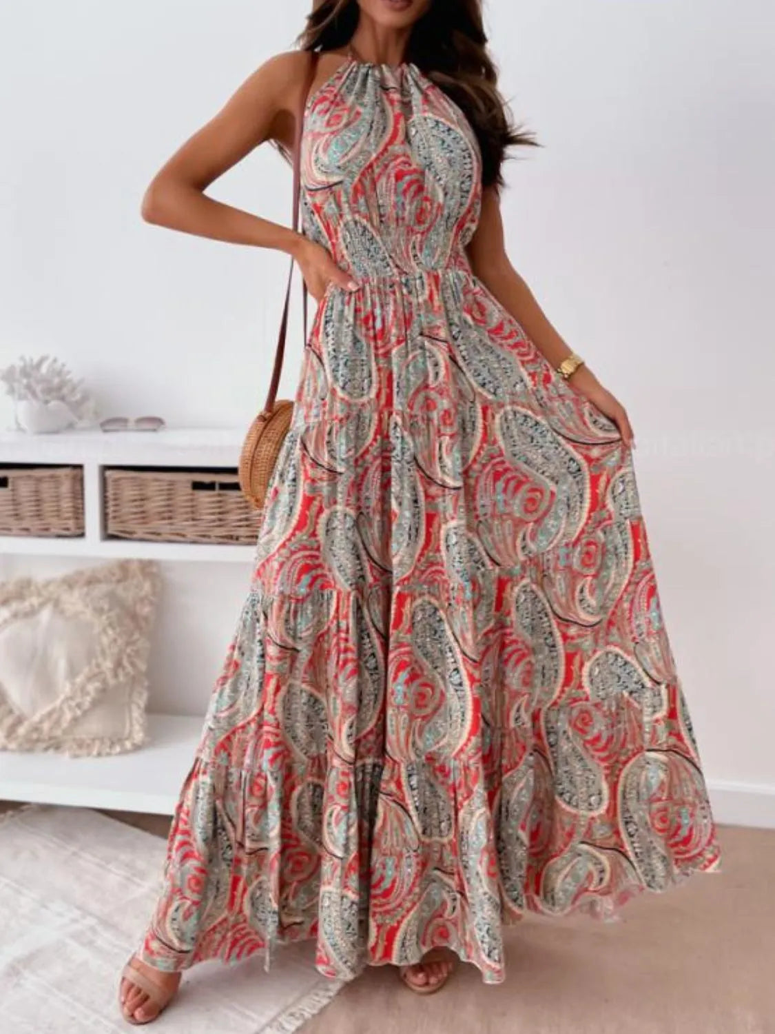 Printed halter neck backless maxi dress, front view