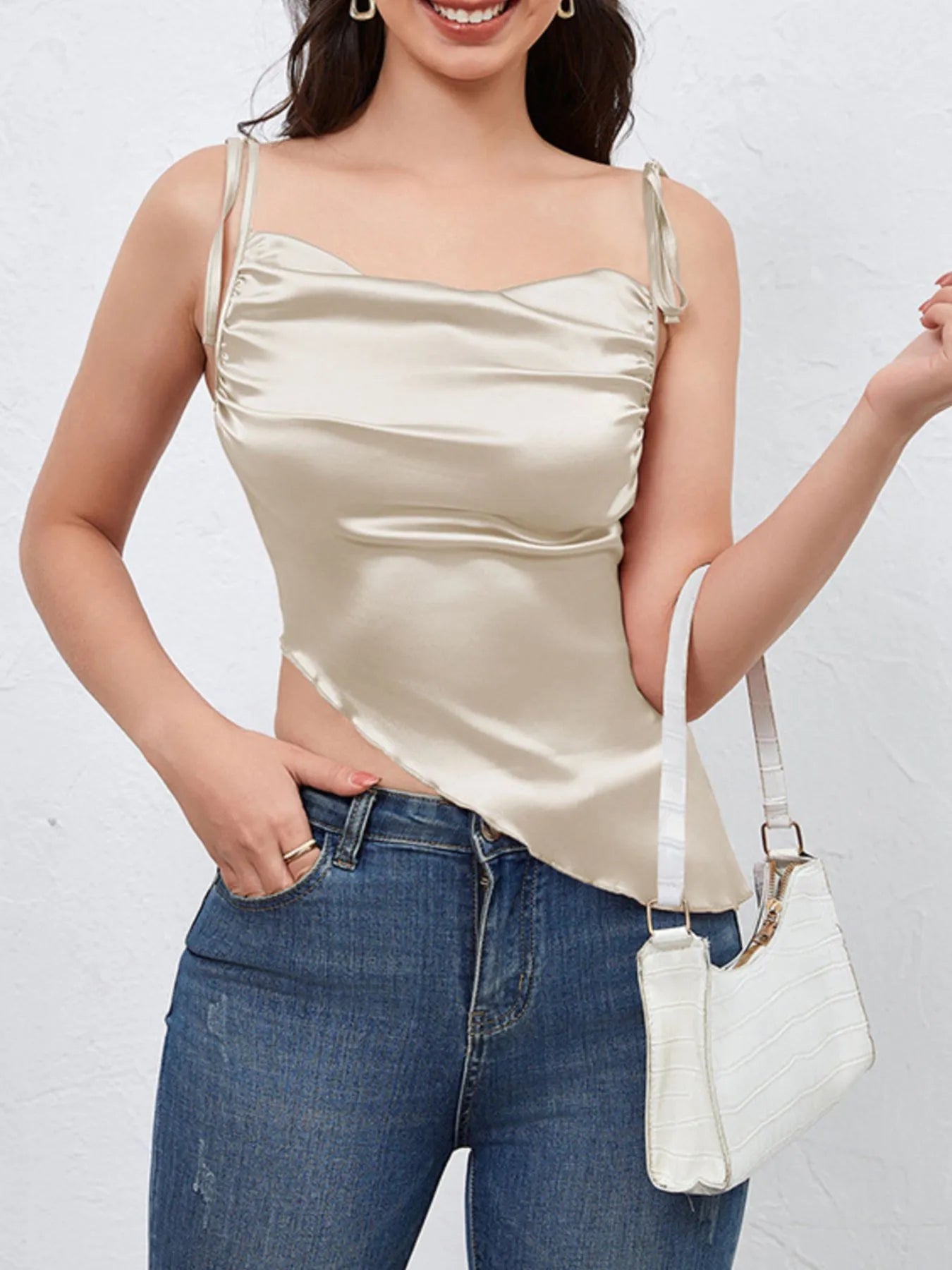 Asymmetrical Tie Shoulder Cami Beige - Fashorio
