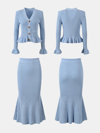 Ruffled V-Neck Top and Midi Skirt Sweater Set - Fashorio