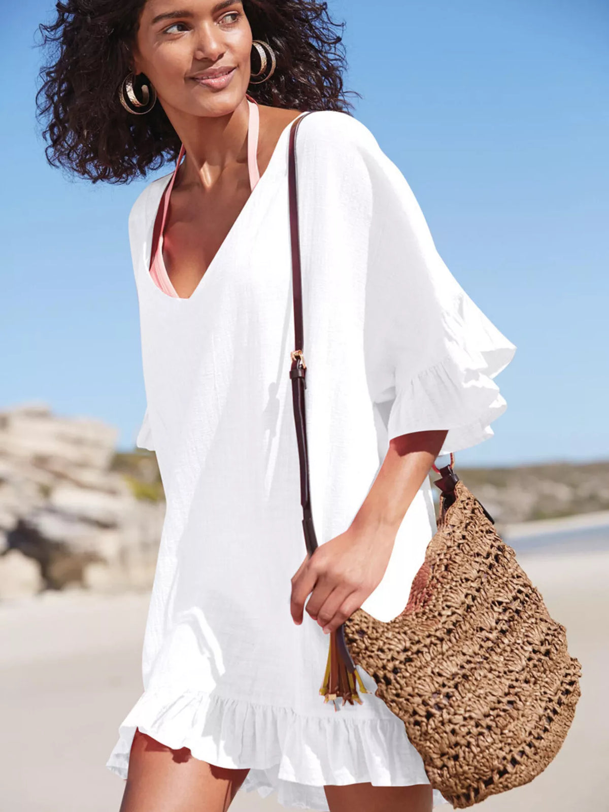 Ruffle trim V neck cover up dress front view