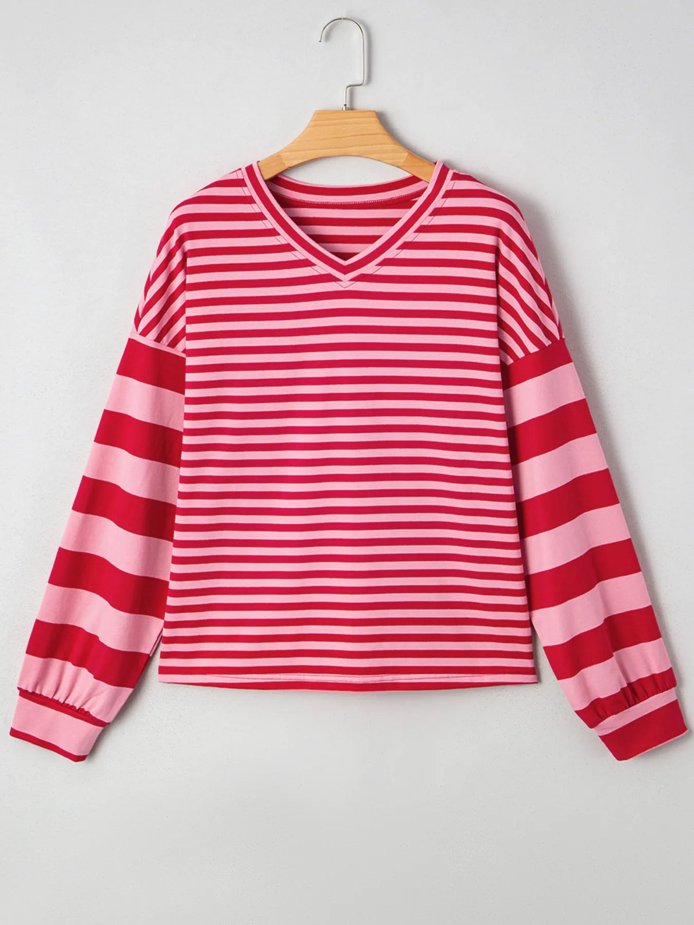 Striped Drop Shoulder V Neck Top - Fashorio