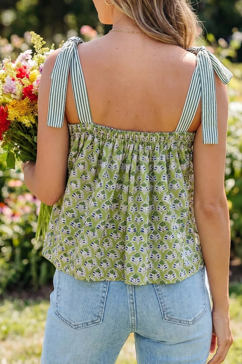 Matcha green floral print tie strap tank side view