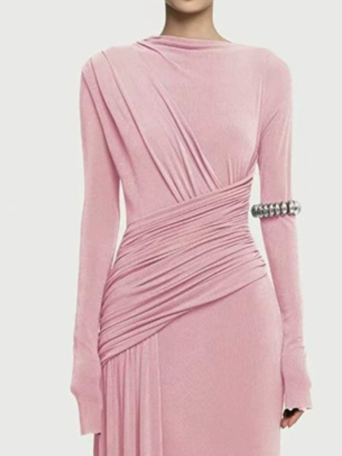 Ruched long sleeve maxi dress, seated pose