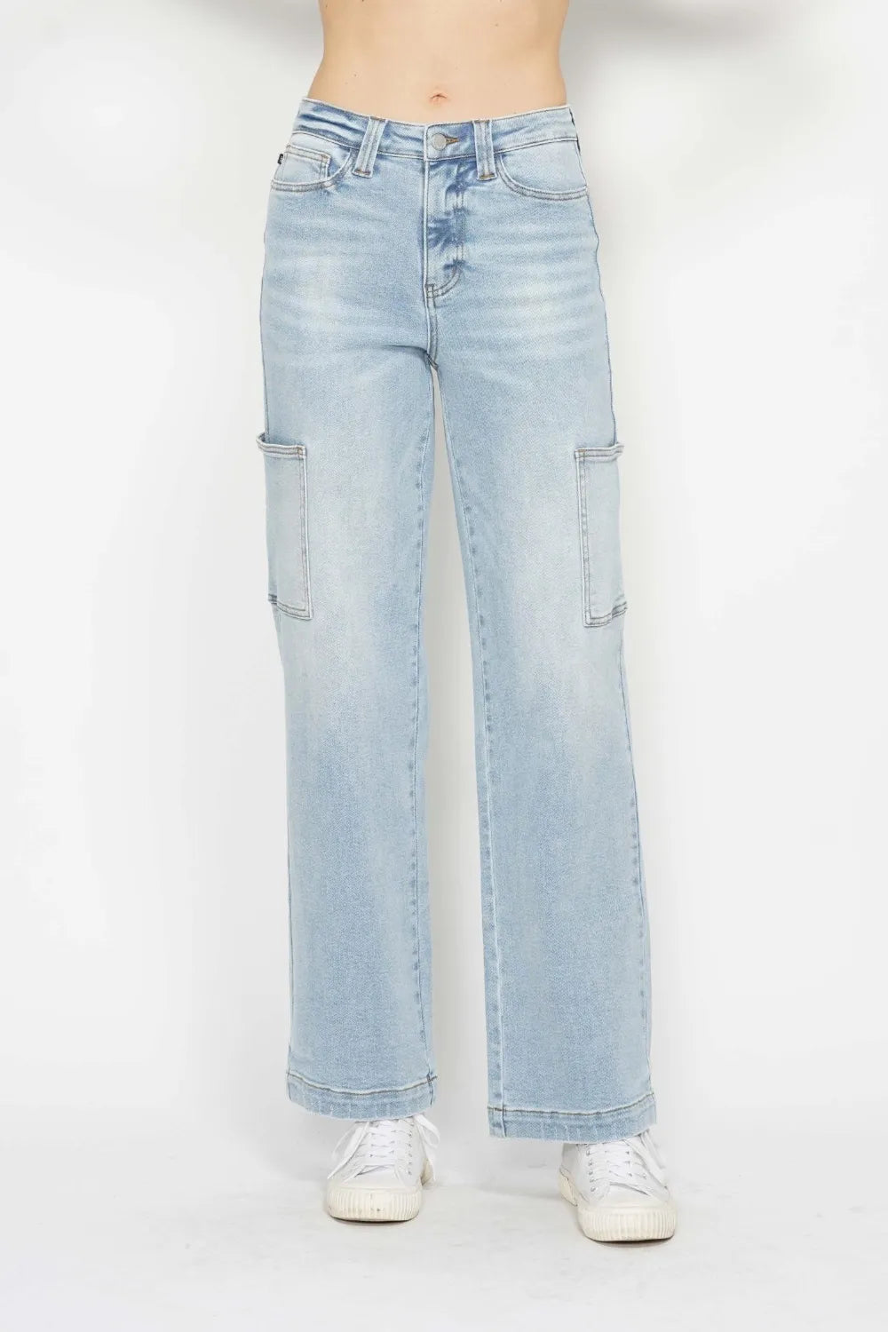 Judy Blue high waist straight cargo jeans front view on model