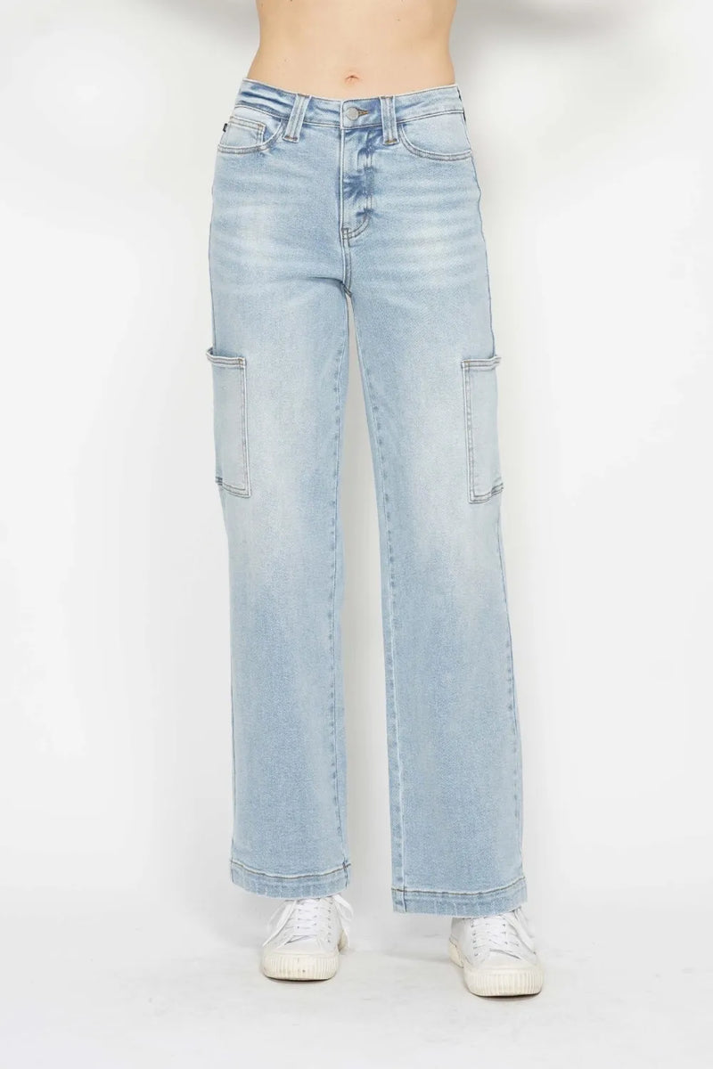 Judy Blue high waist straight cargo jeans front view on model
