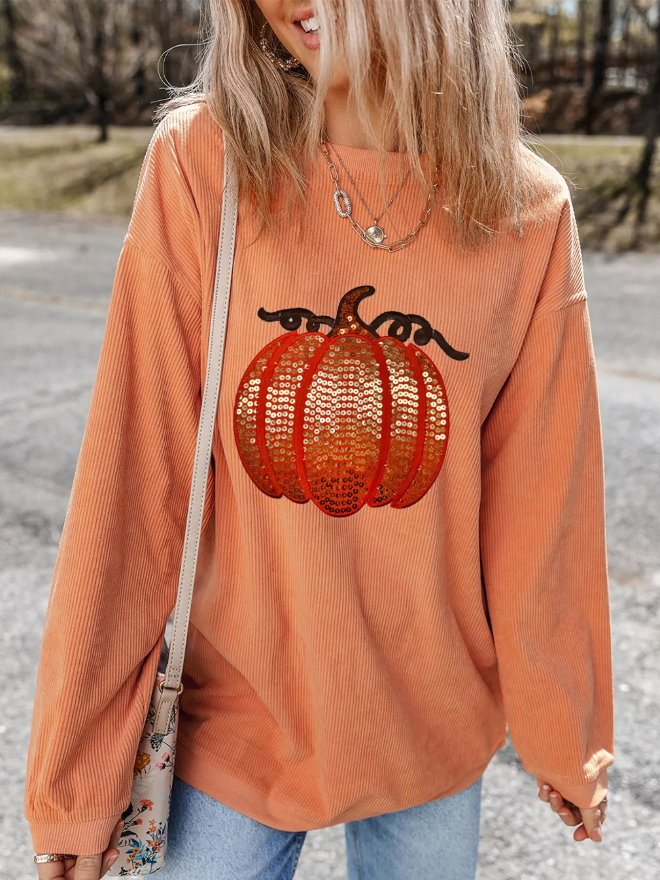 Halloween Sequined Pumpkin Ribbed Round Neck Sweatshirt - Fashorio