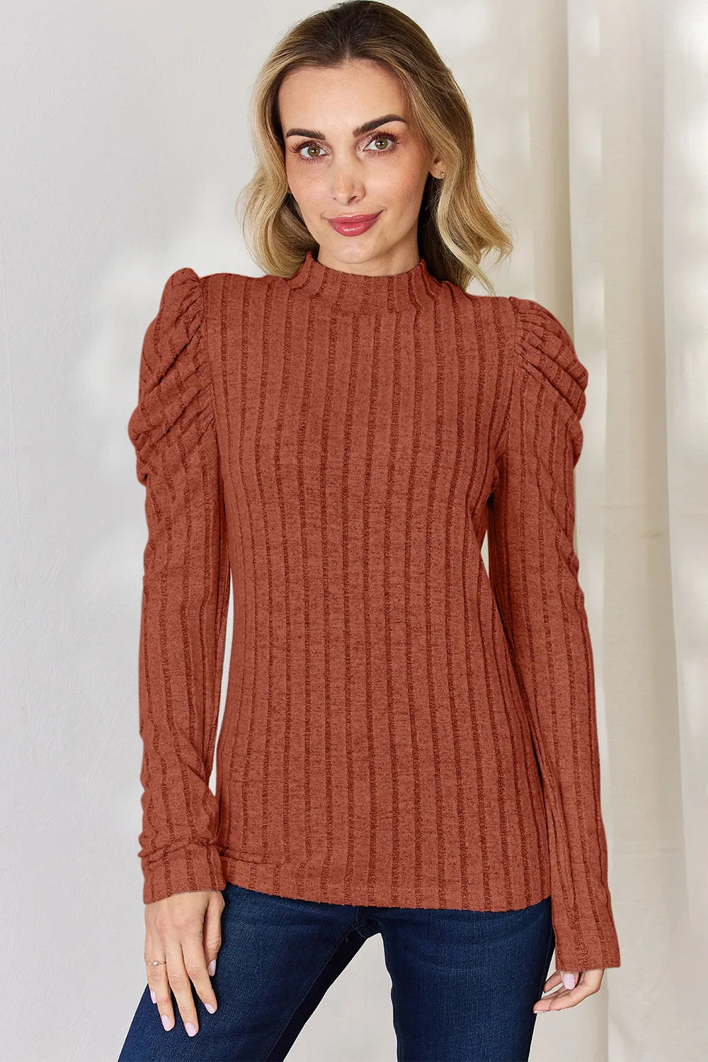 Basic Bae ribbed mock neck puff sleeve top front view