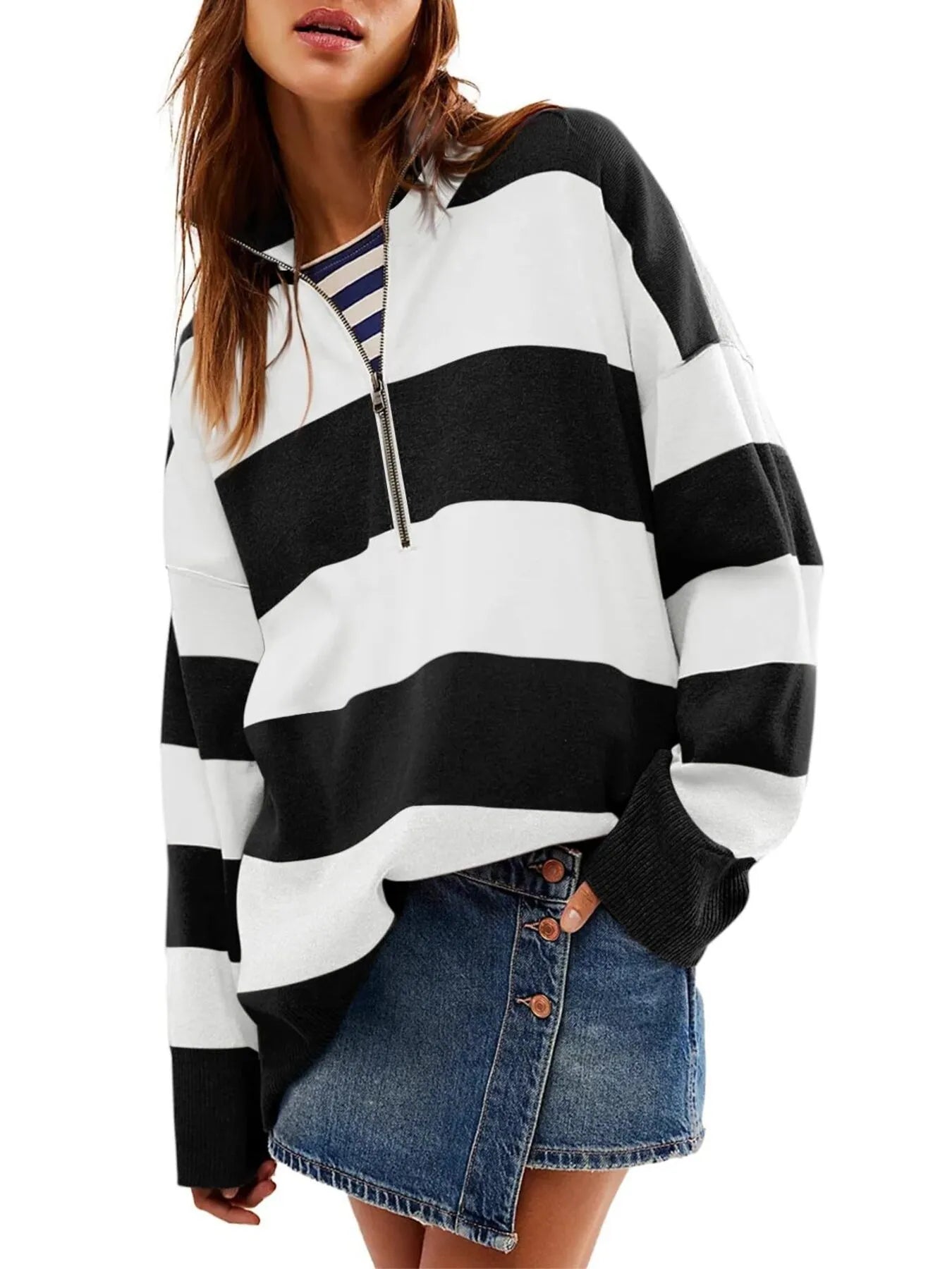Striped Half-Zip Oversized Sweatshirt - Fashorio