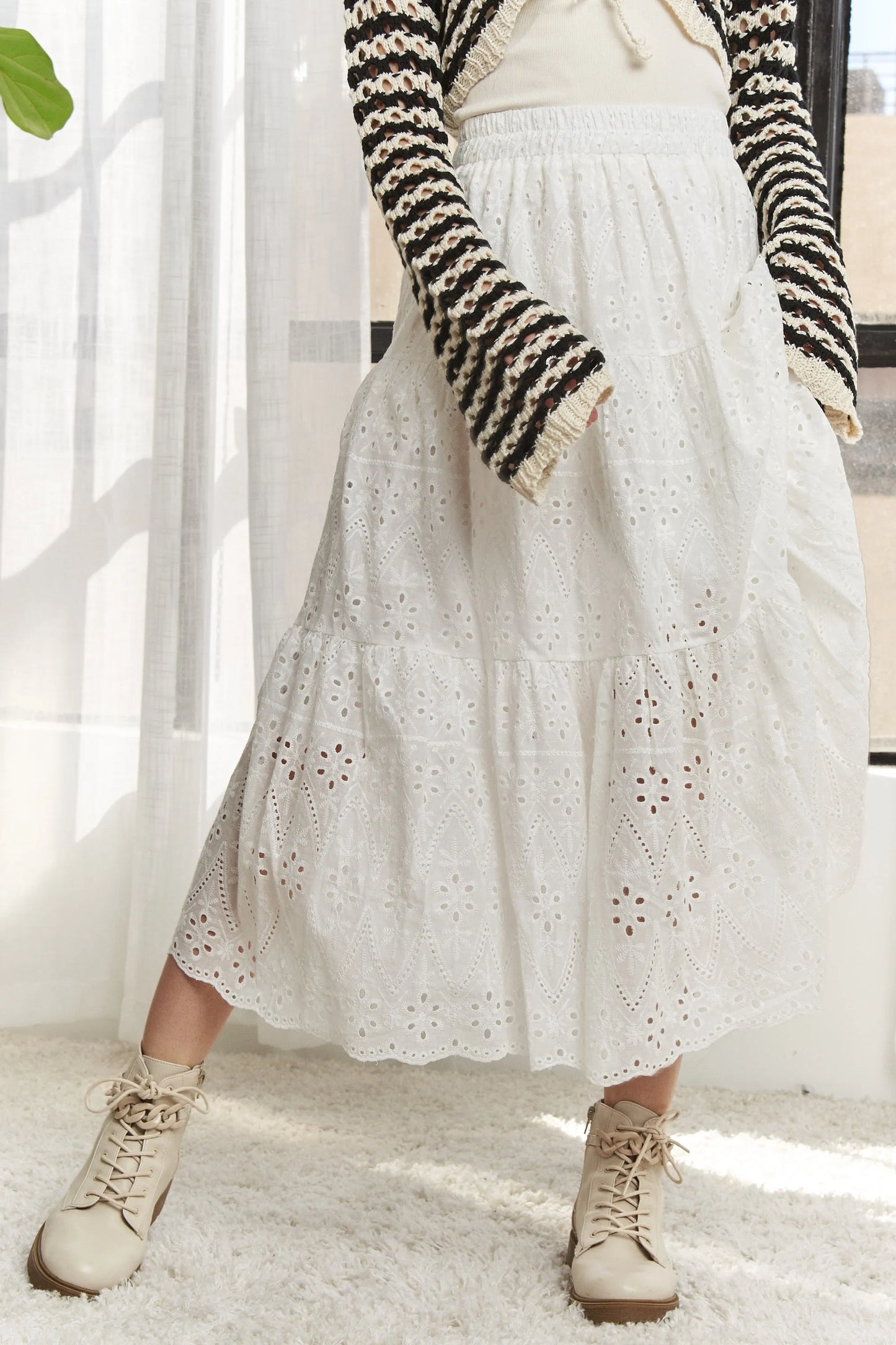 ADORA Elastic Waistband Tiered Midi Skirt - Fashorio