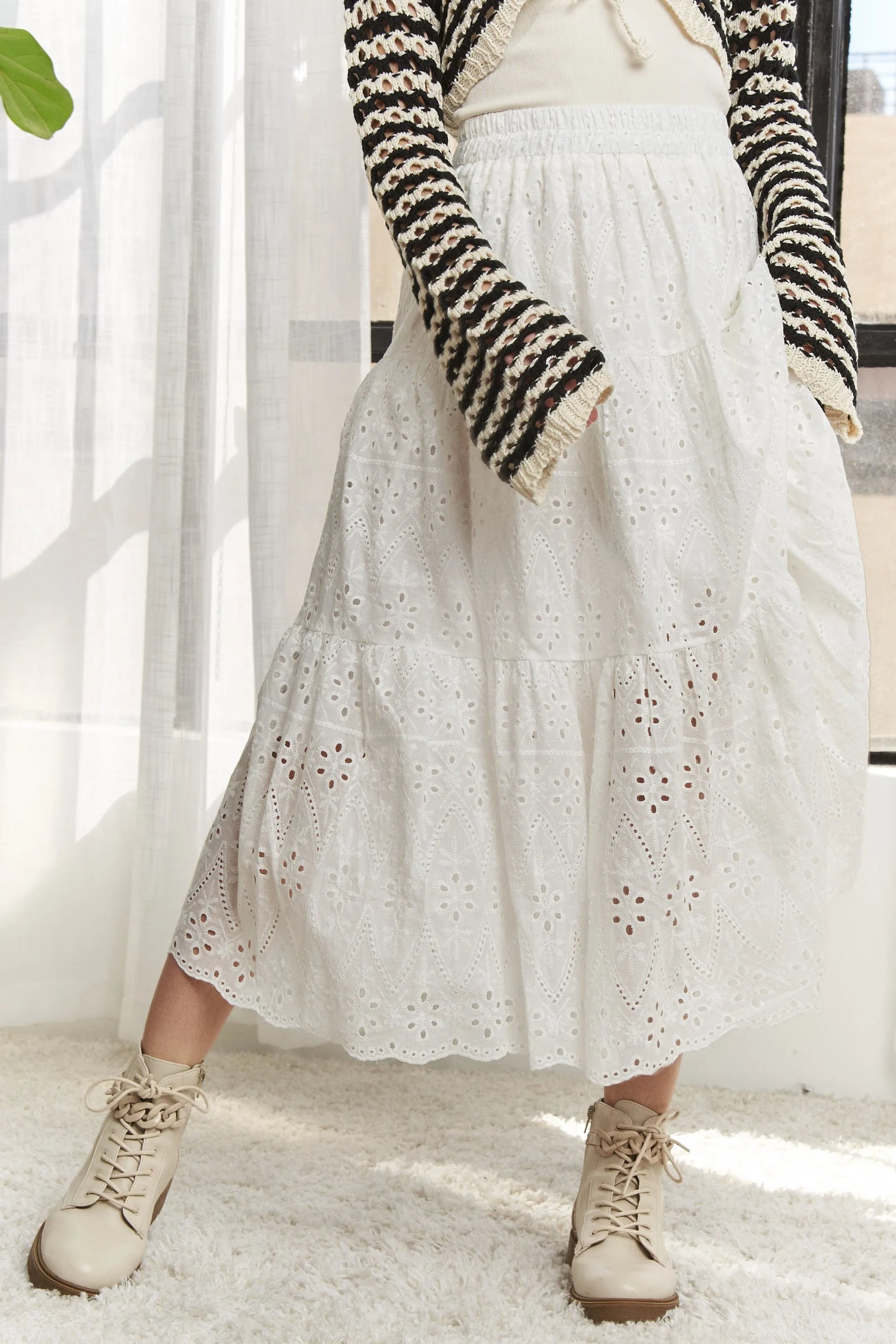 ADORA Elastic Waistband Tiered Midi Skirt - Fashorio