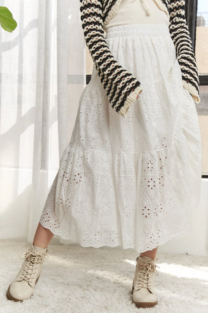 ADORA Elastic Waistband Tiered Midi Skirt - Fashorio