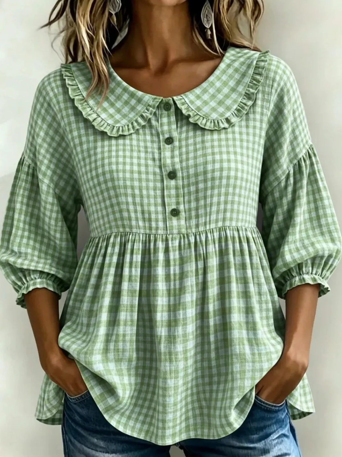 Light green gingham blouse front view