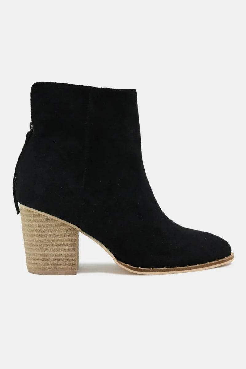 Suede point toe ankle booties front view