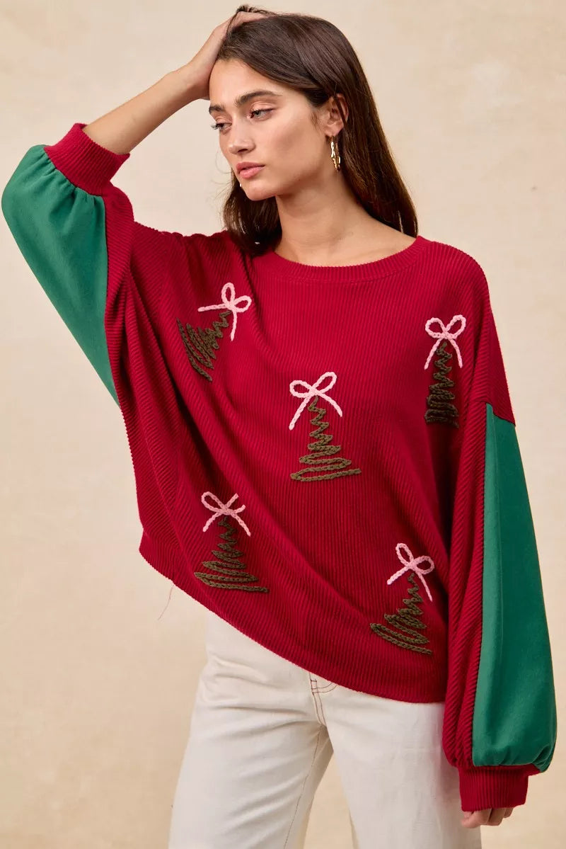 Embroidered Christmas Tree Sweater in Red detail