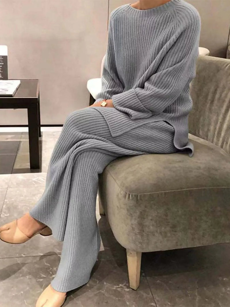 Ribbed knit top and pants sweater set front