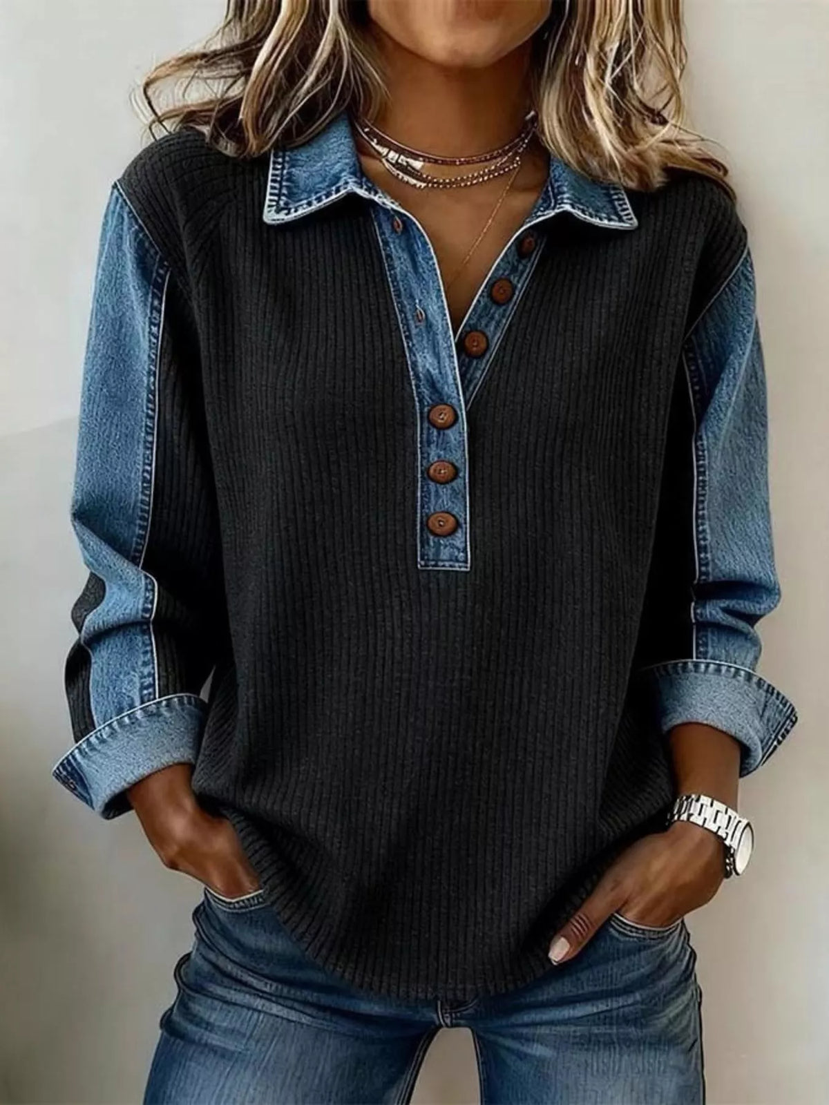 Back view of the button detail sweatshirt