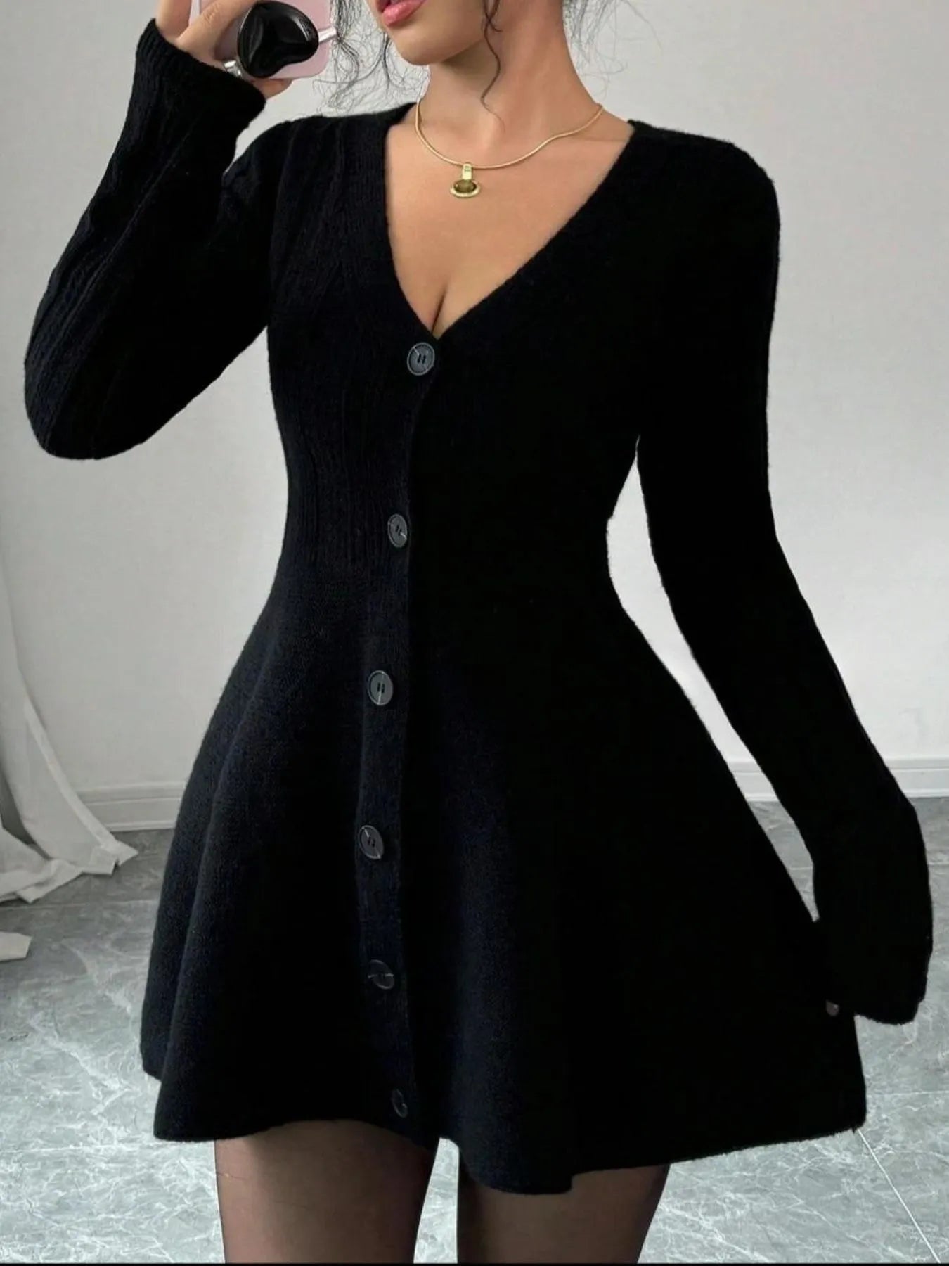 Button-Front V-Neck Knit Dress - Fashorio