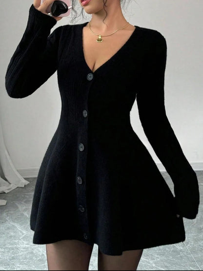 Button-Front V-Neck Knit Dress - Fashorio