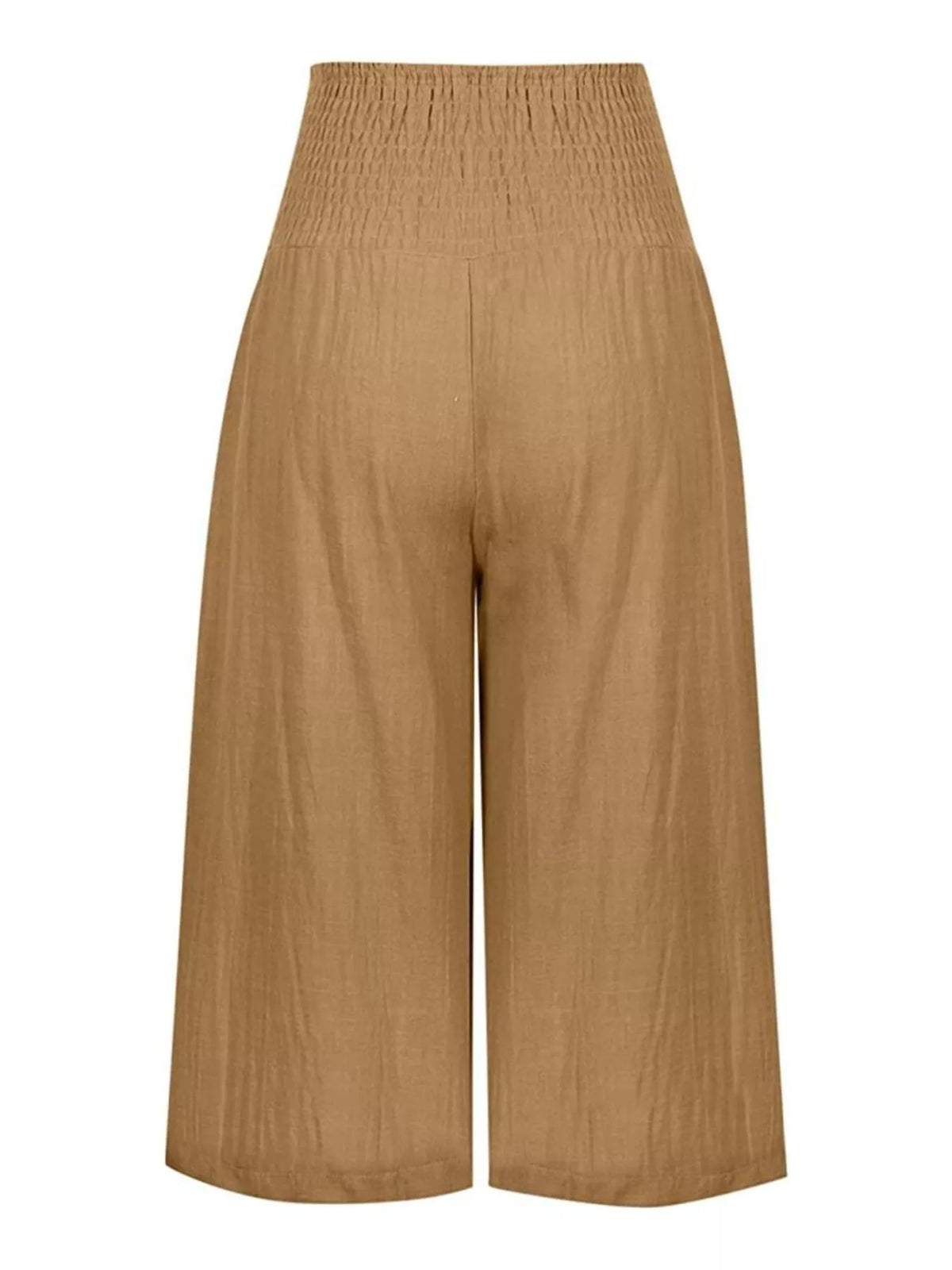 Smocked wide leg capri pants folded to show the waistband