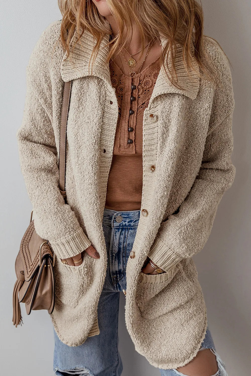 Pocketed Button Up Long Sleeve Cardigan - Fashorio