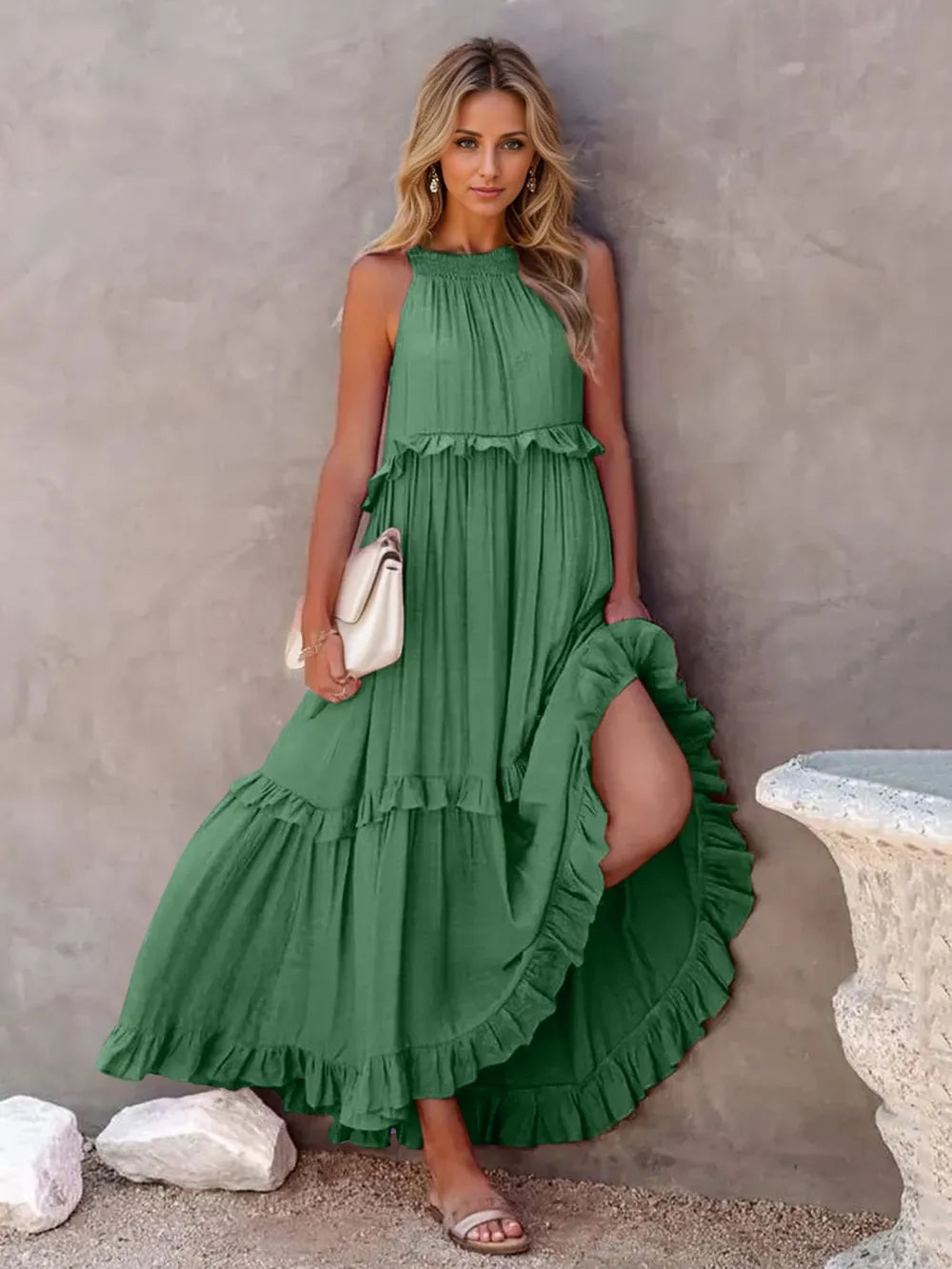 Ruffled Sleeveless Tiered Maxi Dress with Pockets Dark Green - Fashorio