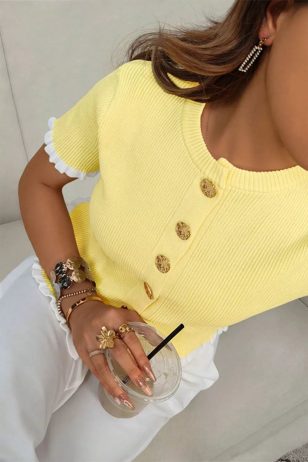Ribbed short sleeve cardigan side view