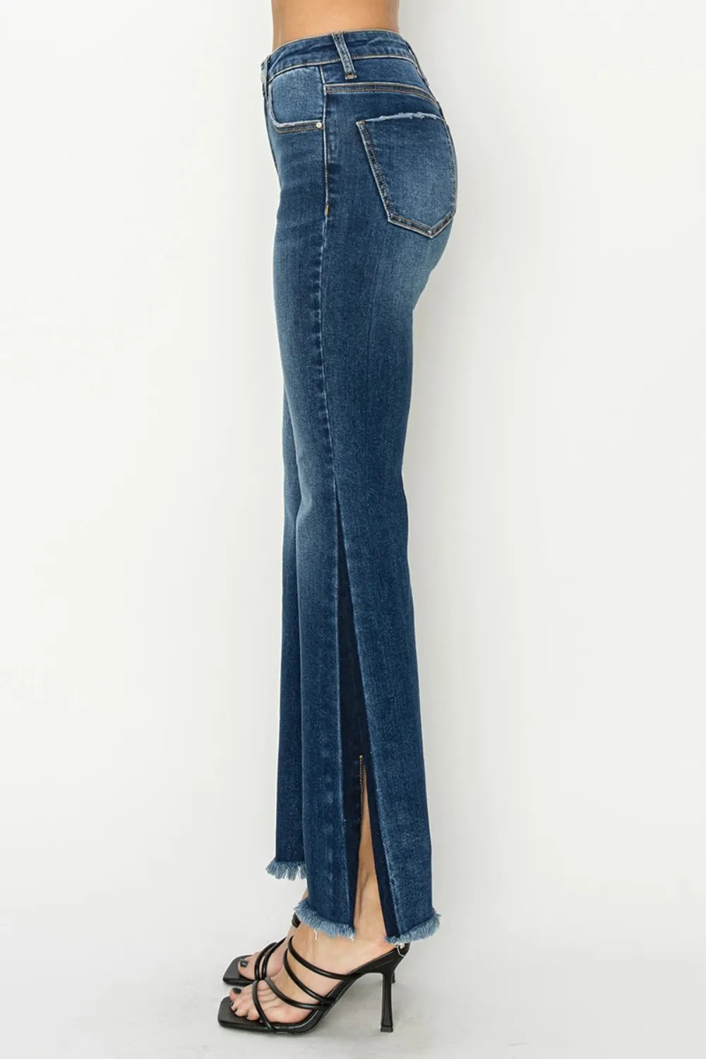 RISEN Full Size High Rise Side Shadow Seam Detail Slit Flare Jeans - Fashorio