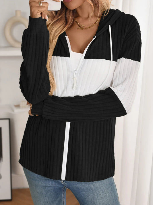 Drawstring Color Block Zip Up Outerwear Black - Fashorio