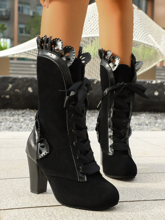 Lace Up Block Heels Boots - Fashorio