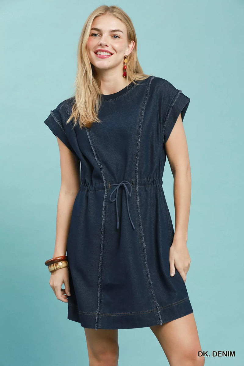 Dark denim frayed drawstring waist mini dress front view