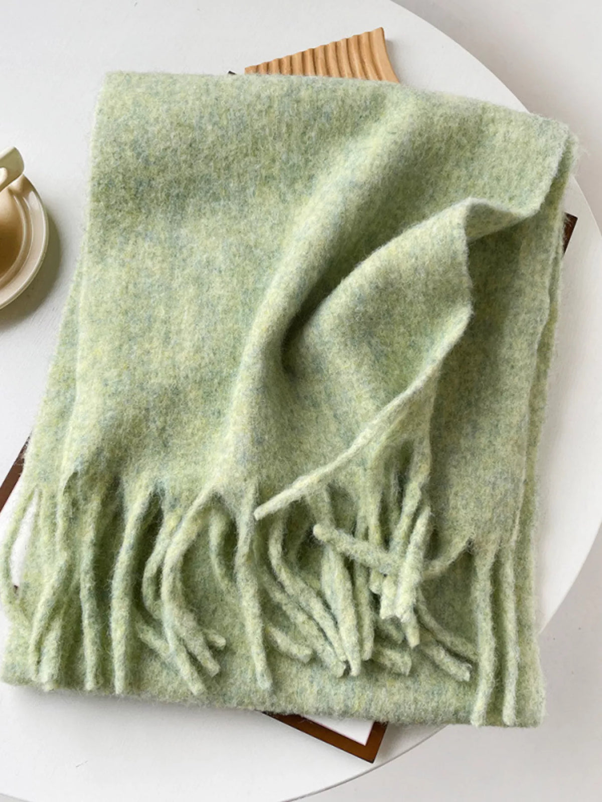 Fringe solid color polyester scarf styled look