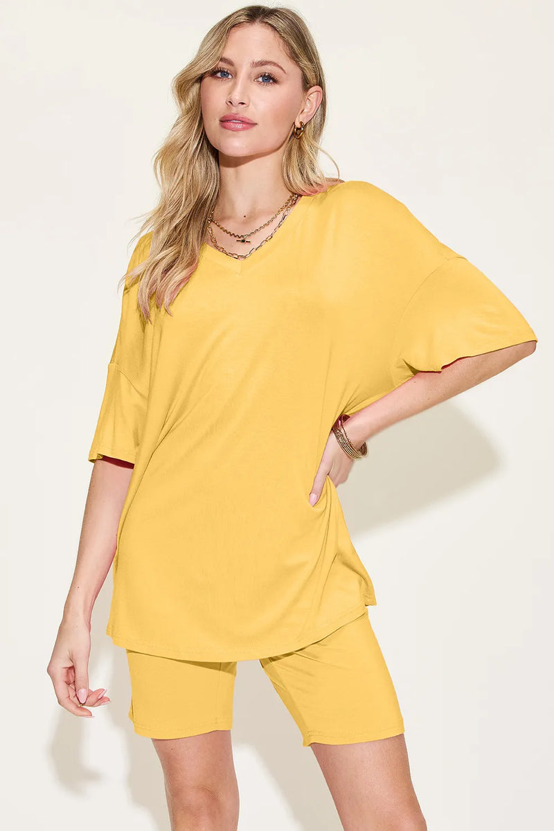 Bamboo V-Neck Drop Shoulder T-Shirt and Shorts Set front view