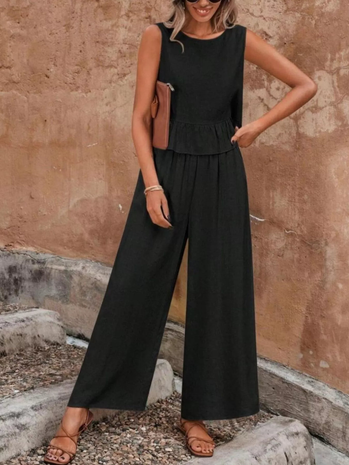 Sleeveless Ruffle Hem Top and Wide Leg Pants Set, view 13
