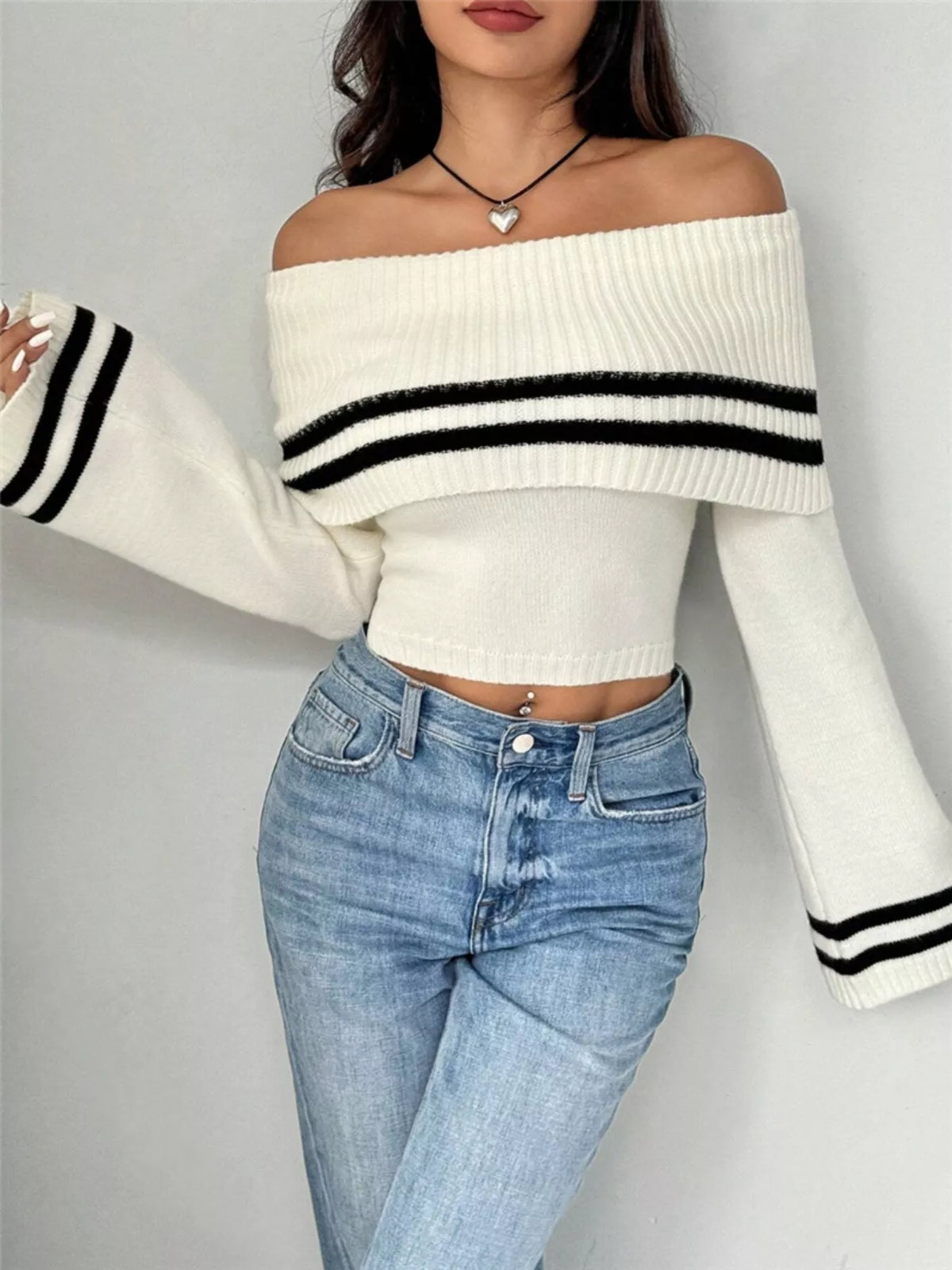 Striped flare sleeve sweater styled look