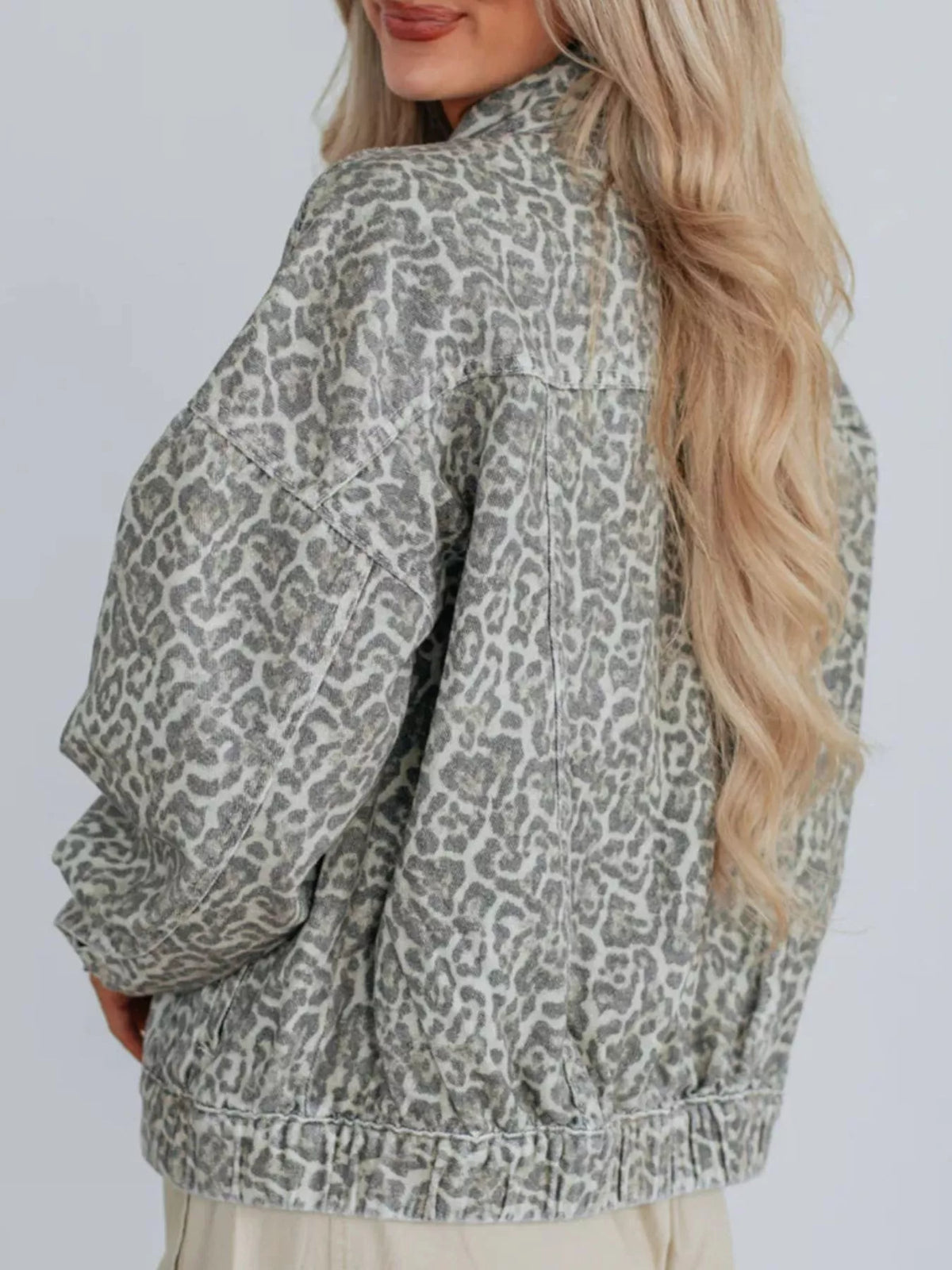 Leopard Print Button Up Denim Jacket in Gray back view