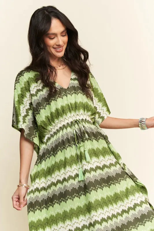 Wavy Print Tie Waist Flowy Dress in Sage view 7