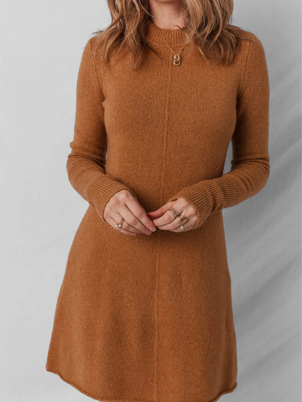 Caramel ribbed sweater dress full length view