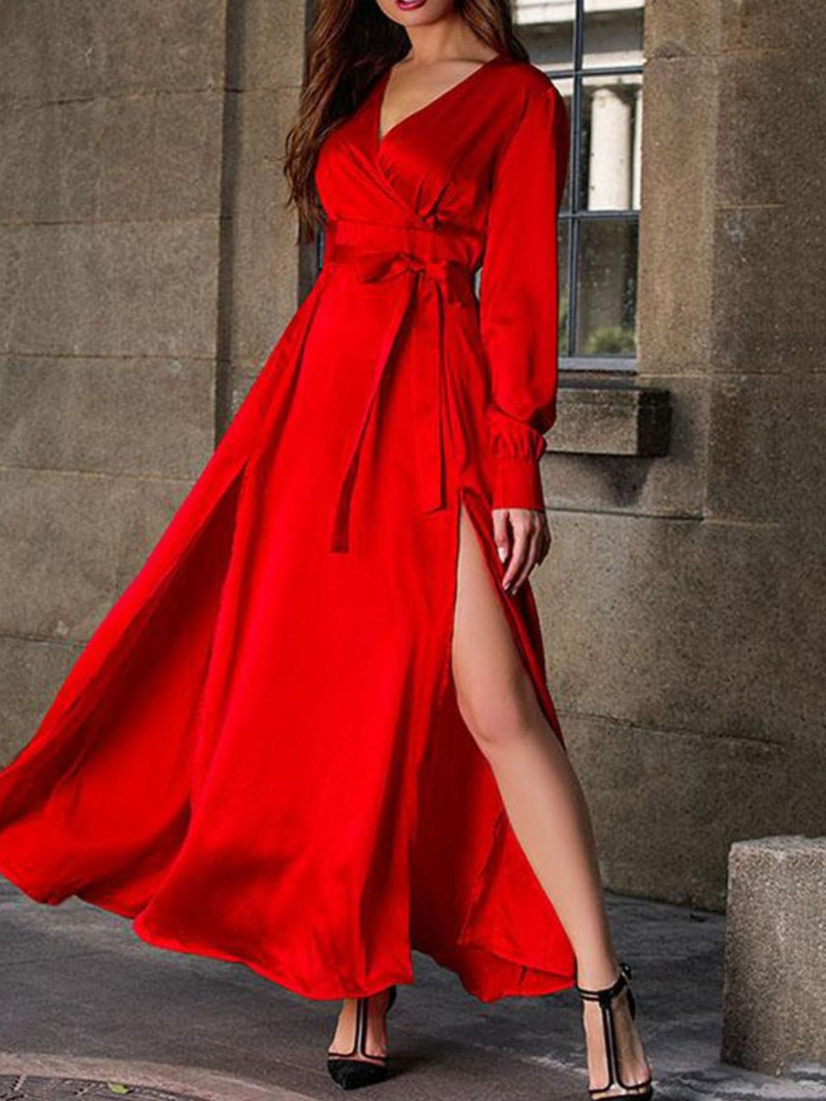 Plus size surplice long sleeve slit maxi dress styled look