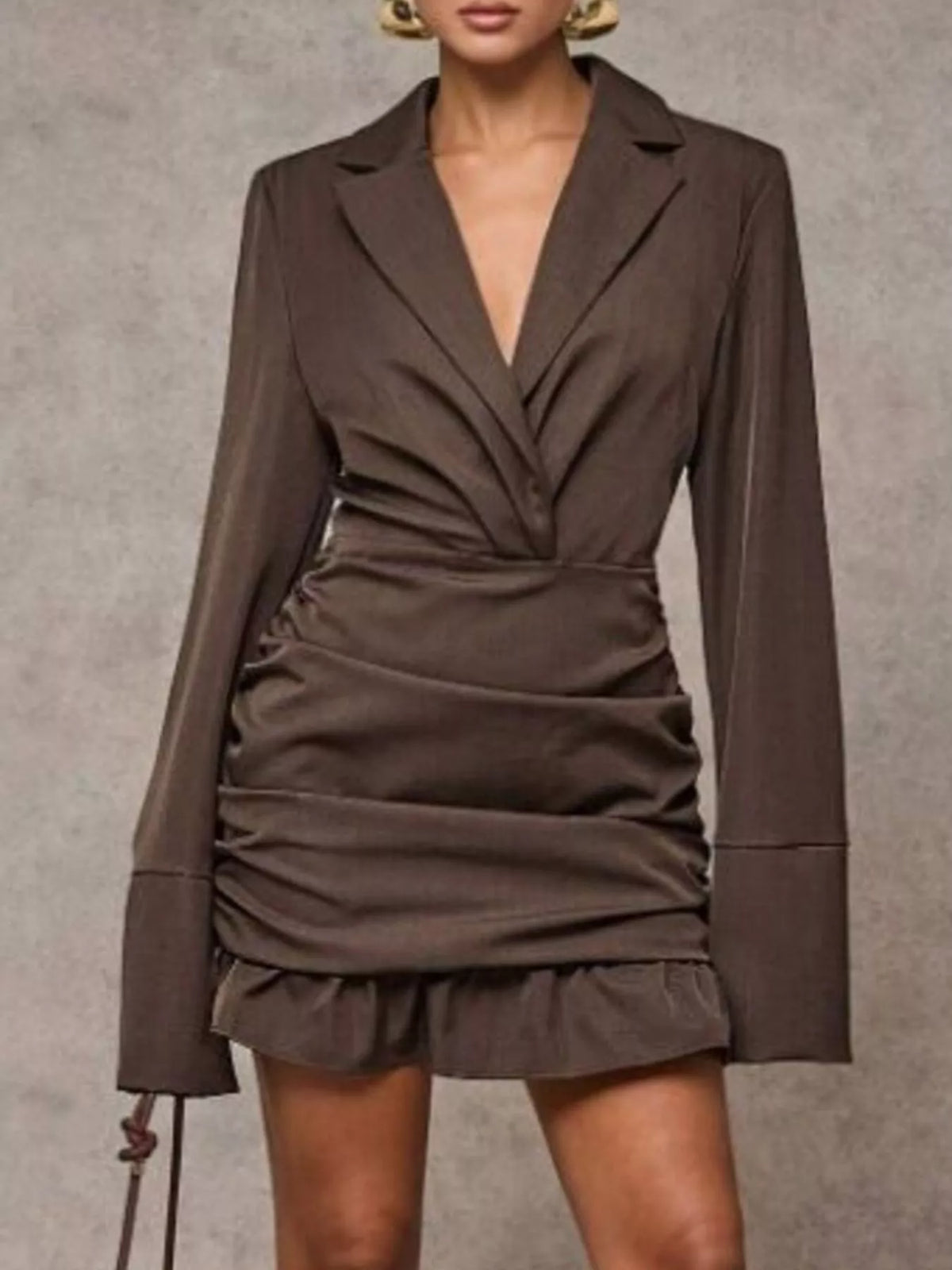 blazer long sleeve ruffled mini dress fabric and detail close up