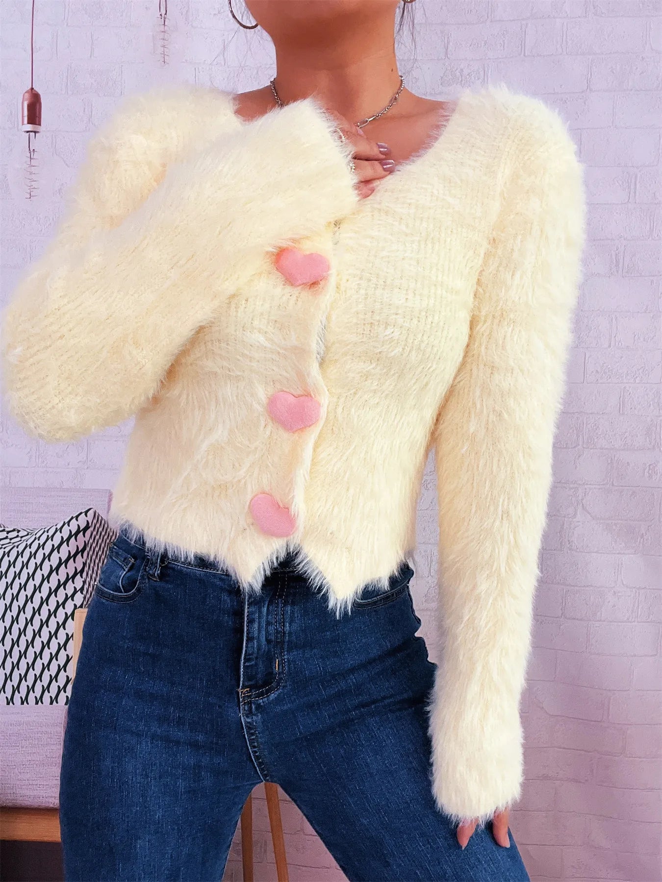 Fuzzy Heart Shape Button-Up Cardigan - Fashorio