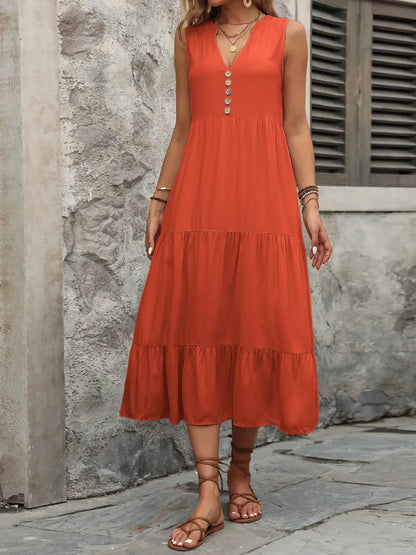 Ivy Lane Decorative Button Notched Sleeveless Dress - Fashorio