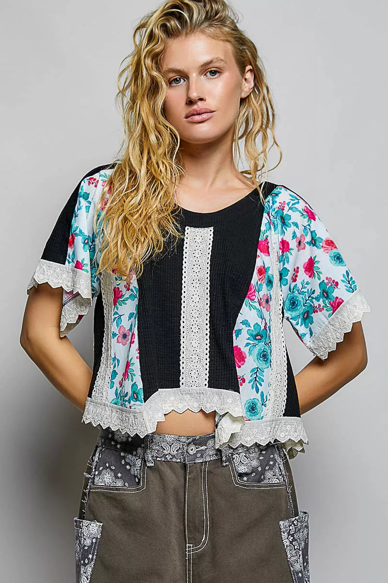 POL ribbed cropped top with lace in black, front view