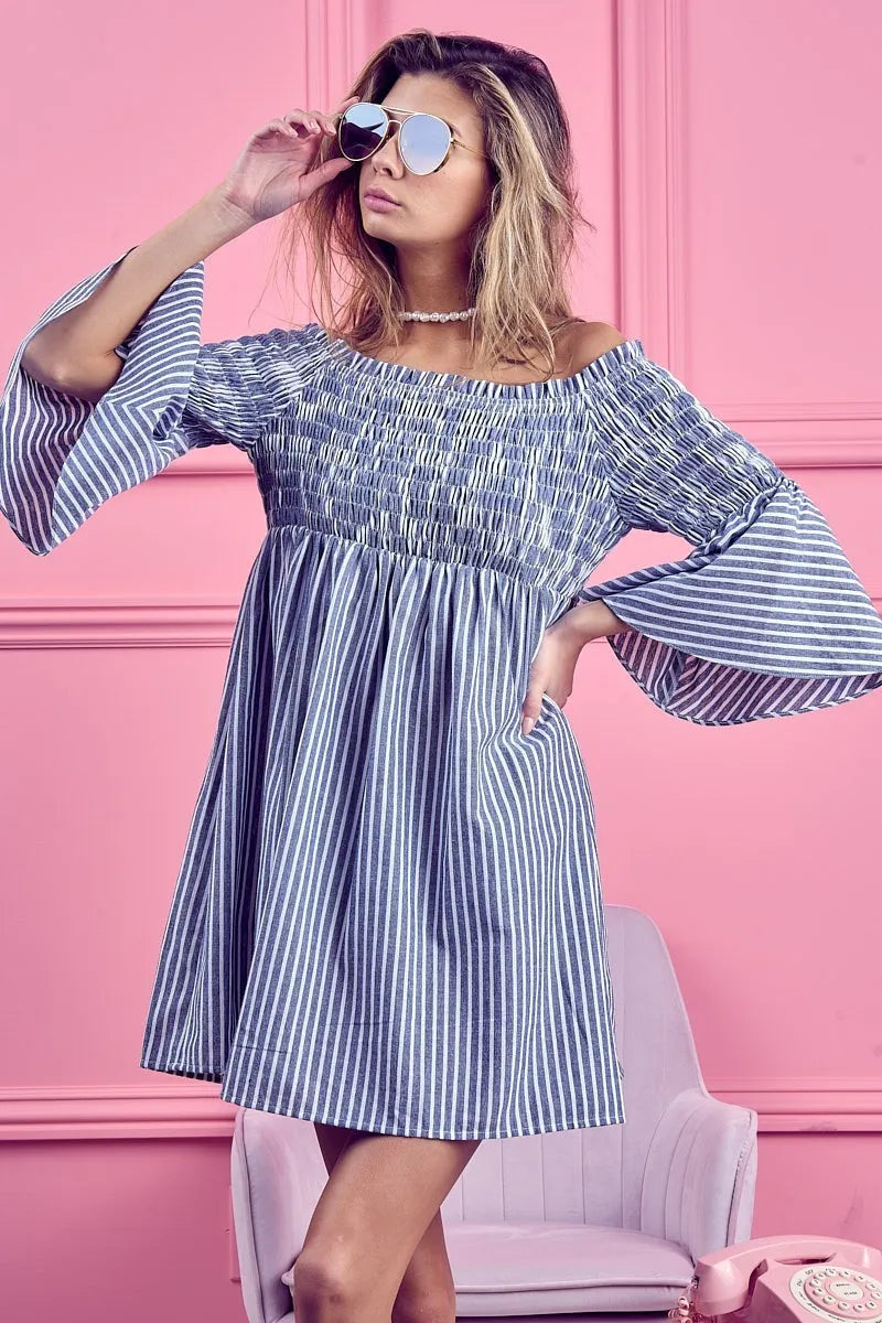 Smocked Off Shoulder Striped Dress view 9