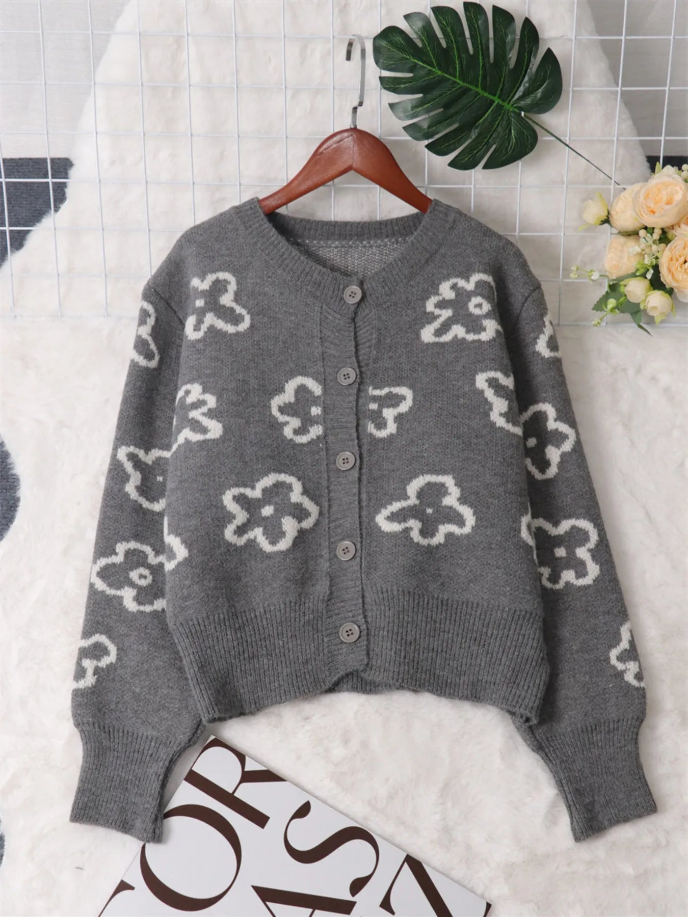 Floral Pattern Button-Up Cardigan - Fashorio