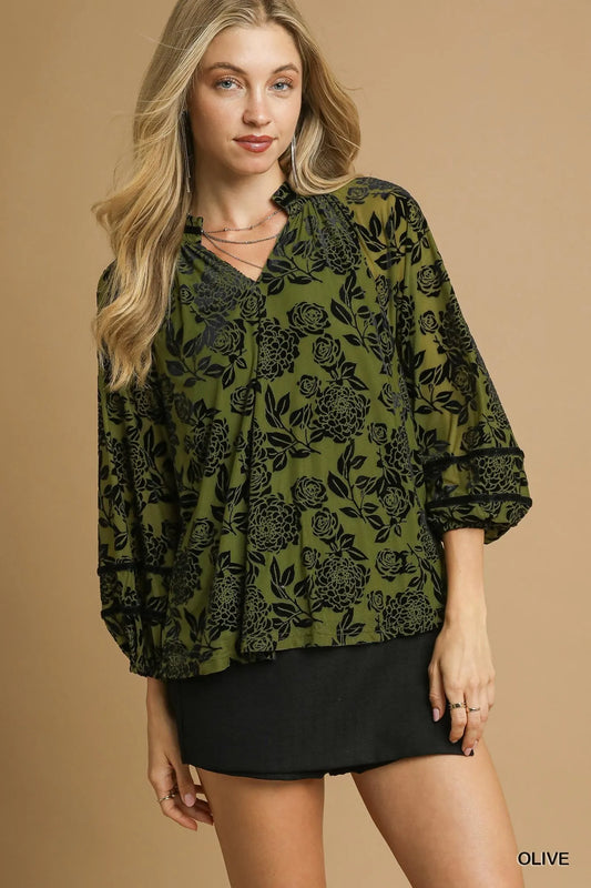 Umgee Full Size Floral Velvet Blouse with Balloon Sleeves Plus Size Olive - Fashorio