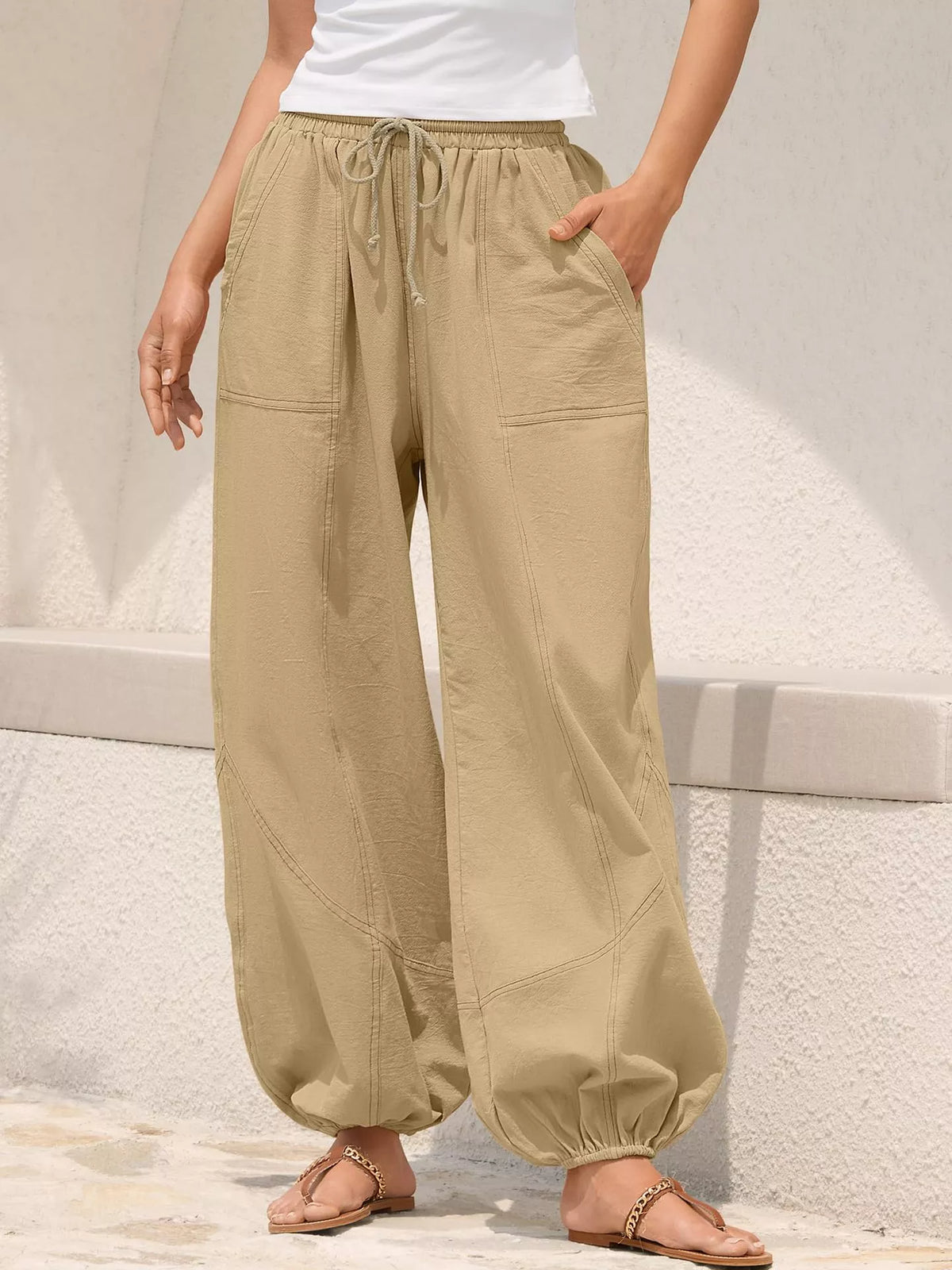 Loose fit drawstring waist harem joggers full length view