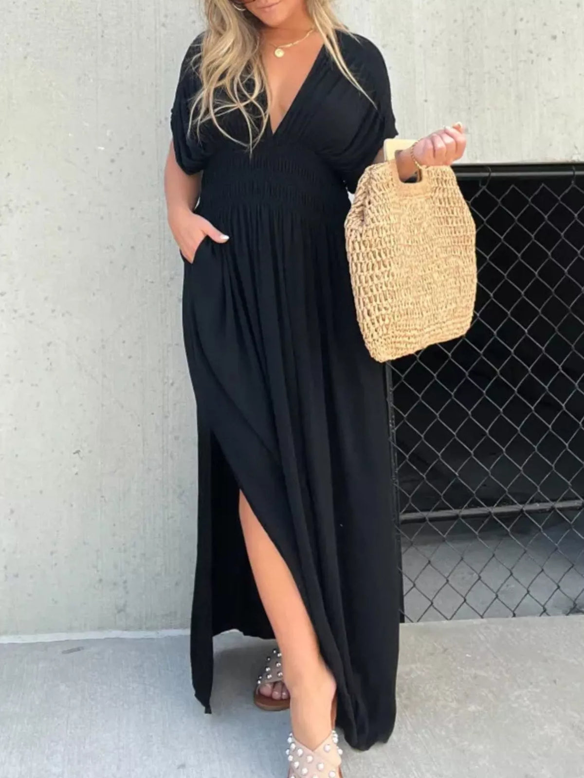 Slit V neck smocked waist maxi dress neckline detail