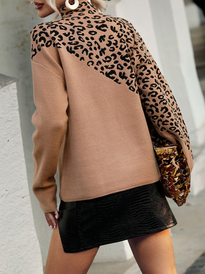 Leopard Mock Neck Dropped Shoulder Sweater - Fashorio