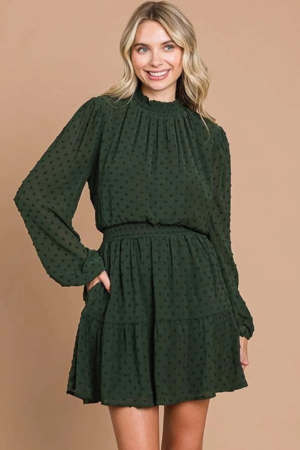Swiss Dot Smock Neck Mini Dress with Pockets detail