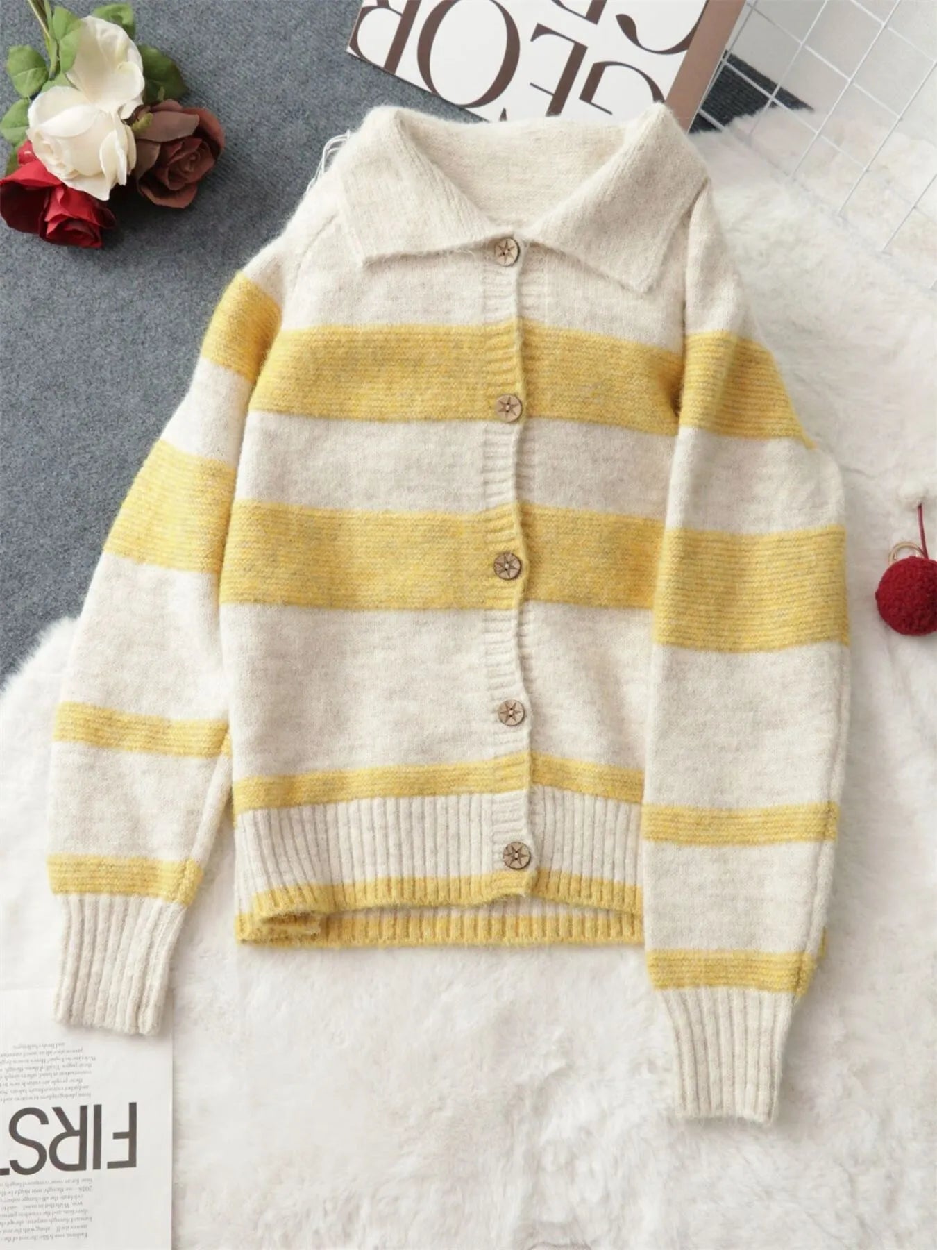 Striped Button-Up Cozy Cardigan - Fashorio